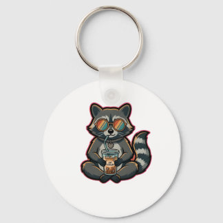 Cool Racoon Drinking Oat Milk Iced Coffee Key Ring
