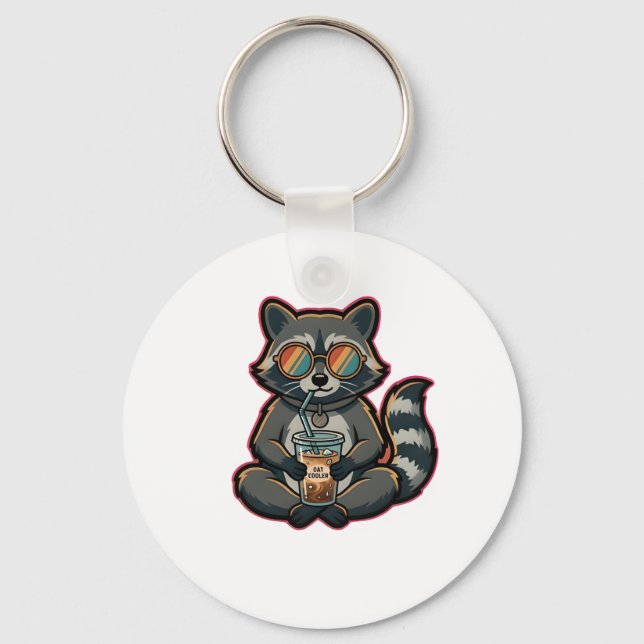 Cool Racoon Drinking Oat Milk Iced Coffee Key Ring (Front)