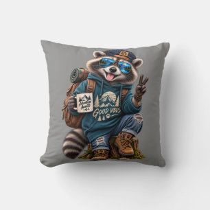 Cool Racoon Hiker Good Vibes Adventure Throw Cushion