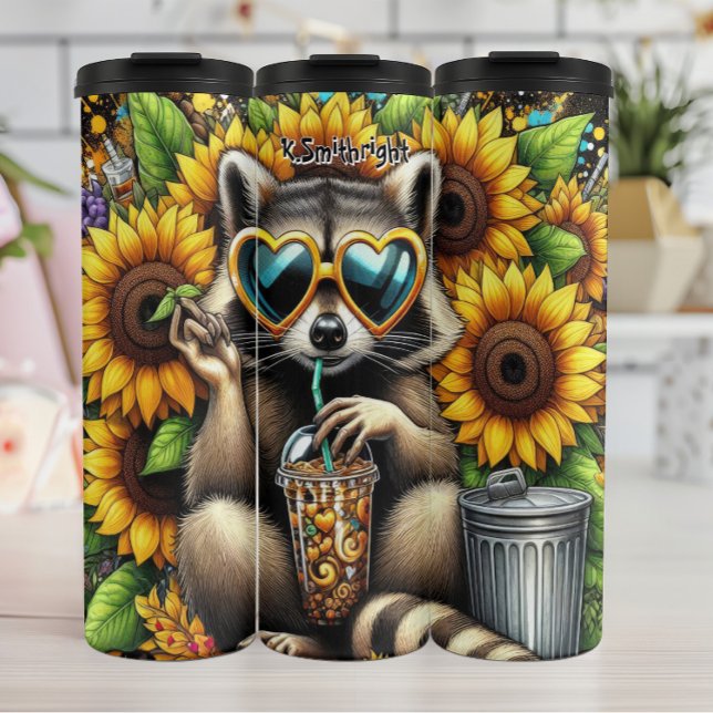 Cool Racoon with Iced Coffee and Sunflowers Thermal Tumbler (Creator Uploaded)