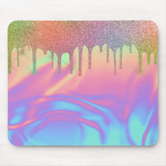 Cool Rainbow Glitter Drips Ombre Holographic Mouse Pad (Front)