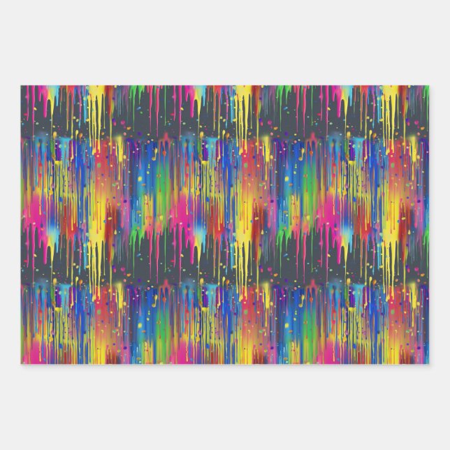 Cool Rainbow Party Paint Drip Repeating Pattern Wrapping Paper Sheet (Front)