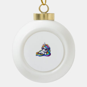 Cool Rainbow Unicorn with Sunglasses Relaxing Long Ceramic Ball Christmas Ornament