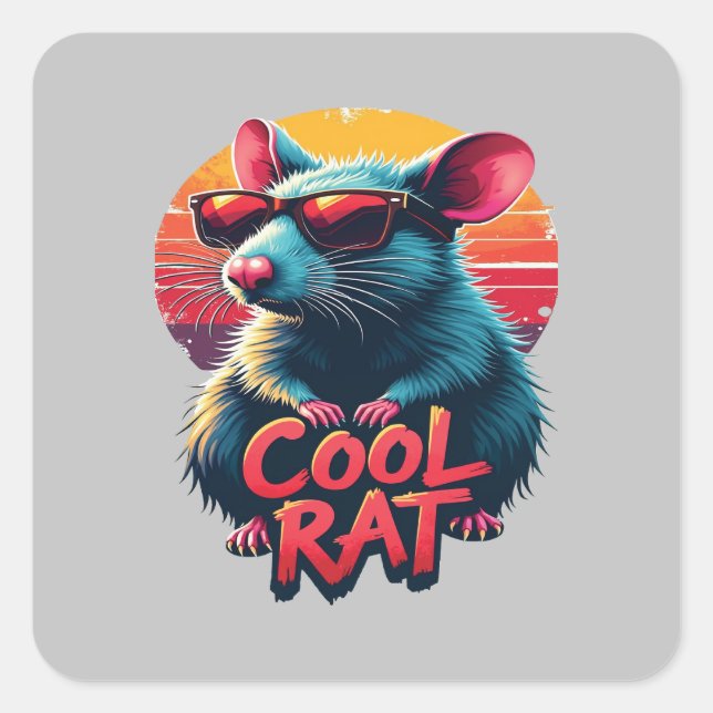 Cool Rat with Sunglasses Retro Sunset Design Square Sticker (Front)