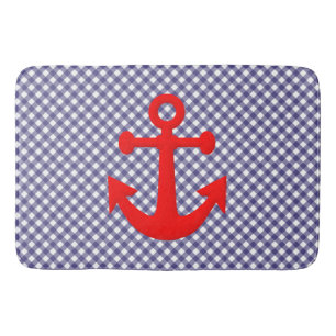 Cool Red Anchor on Chequered gingham Pattern Bath Mat