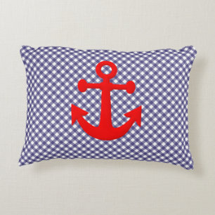 Cool Red Anchor on Chequered gingham Pattern Decorative Cushion