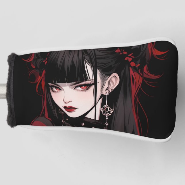 Cool Red and Black Goth Aesthetic Anime Girl Golf Head Cover (Front)