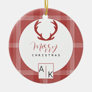 Cool Red Tartan Monogram Ceramic Tree Decoration