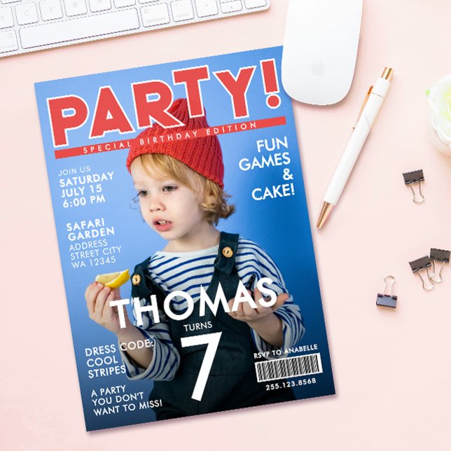 Cool Red White Magazine Cover Kids Celebrity Photo Invitation (Creator Uploaded)