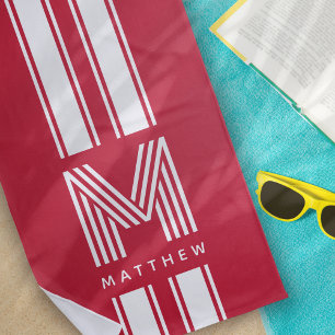 Cool Red White Racer Stripe Monogram Beach Towel