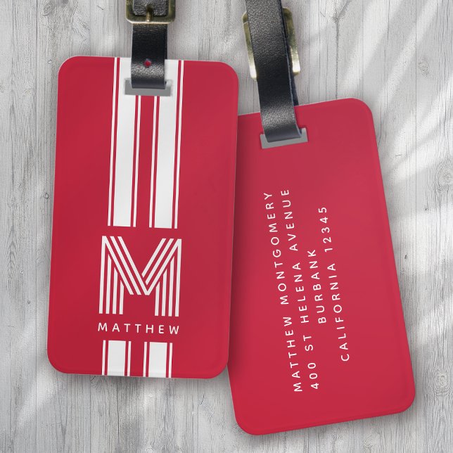 Cool Red White Racer Stripe Monogram Luggage Tag (Creator Uploaded)