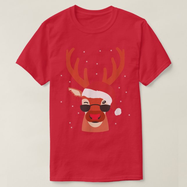 Cool Reindeer Sunglasses Santa Claus Hat Earrings  T-Shirt (Design Front)