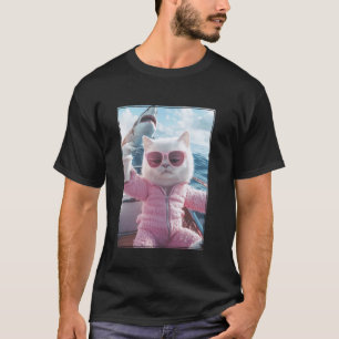 Cool Relaxed Cat on a Yacht Boat with Shark Funny  T-Shirt