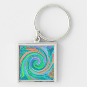 Cool Retro Aquamarine and Coral Liquid Art Swirl Key Ring