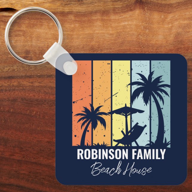 Cool Retro Beach House Custom Navy Blue Key Ring (Front)