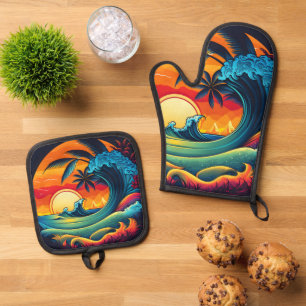 Cool retro beach lovers kitchen oven mitt & pot holder set