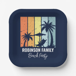 Cool Retro Beach Party Custom Navy Blue Paper Plate