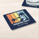 Cool Retro Beach Party Custom Navy Blue Square Paper Coaster<br><div class="desc">Personalised navy blue beach party coasters for your family trip to Hawaii,  Florida,  or other tropical island destinations. Cool palm trees sway against retro colours of orange and yellow above your customised vacation name in white script. Great for a group going on a cruise or coastal getaway.</div>