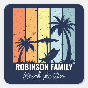 Cool Retro Beach Vacation Custom Navy Blue Square Sticker