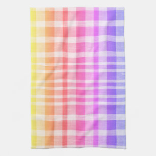 Cool Retro Blue Yellow Pink Textured Plaid Pattern Tea Towel