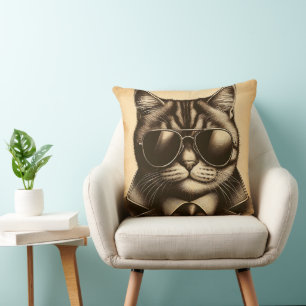Cool Retro Cat in Aviator Sunglasses, Sepia Cushion
