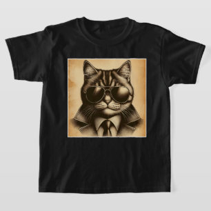 Cool Retro Cat in Aviator Sunglasses, Sepia Kids T-Shirt