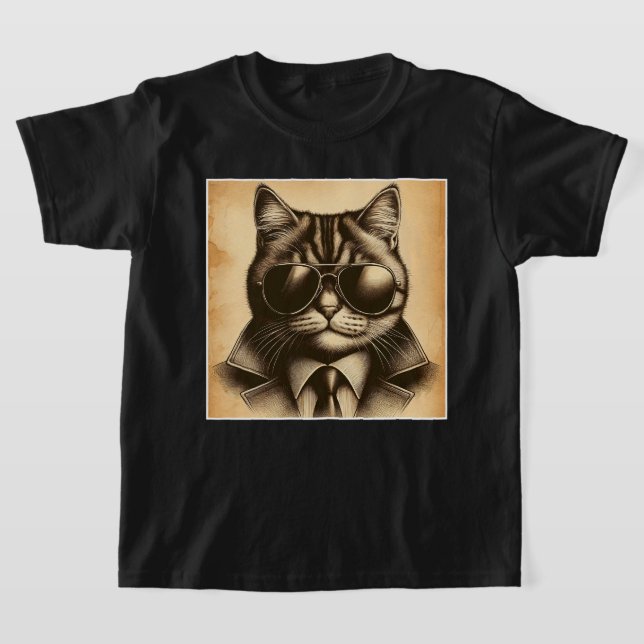 Cool Retro Cat in Aviator Sunglasses, Sepia Kids T-Shirt (Laydown)