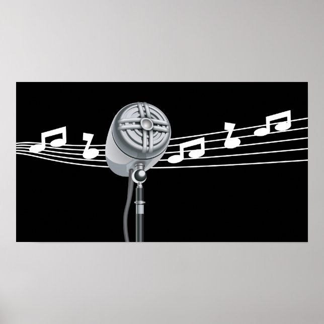 Cool Retro Mic & Musical Notes Black Custom Poster (Front)