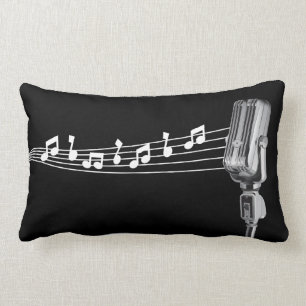 Cool Retro Mic & Musical Notes Black Lumbar Cushion