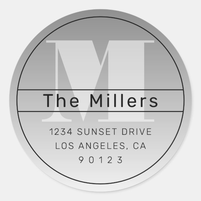 Cool Retro-Modern Address Black Grey Ombre Classic Round Sticker (Front)