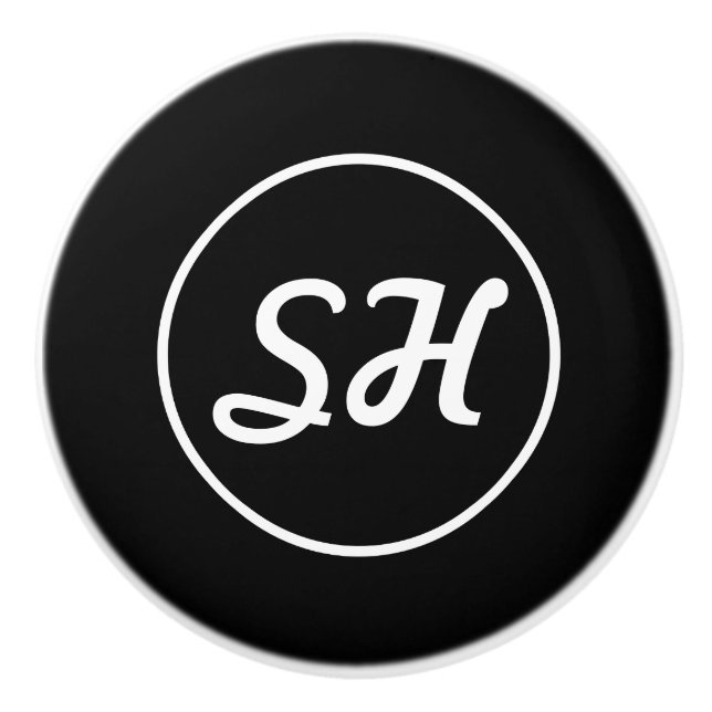 Cool Retro-Modern Style Monogram | Black & White Ceramic Knob (Front)
