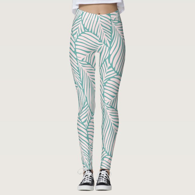 Cool retro pattern l Tropical leaf l Pink and gree Leggings (Front)