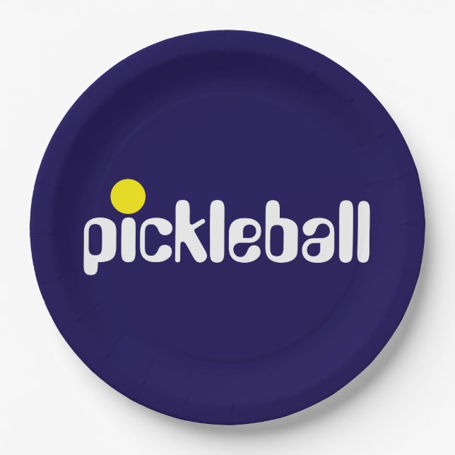 Cool Retro PICKLEBALL Text Navy Blue Background Paper Plate (Front)