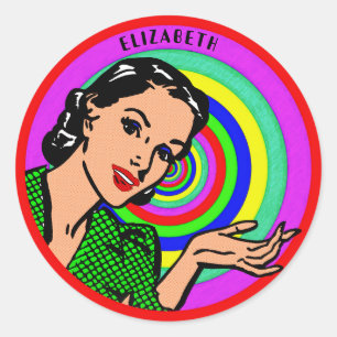 Cool Retro Pop Art Girl In Colour Circles Classic Round Sticker