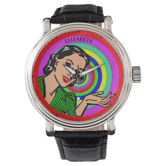 Cool Retro Pop Art Girl In Colour Circles Watch (Front)