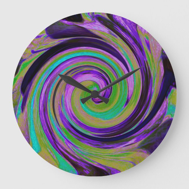 Cool Retro Purple and Chartreuse Liquid Art Swirl Large Clock (Front)