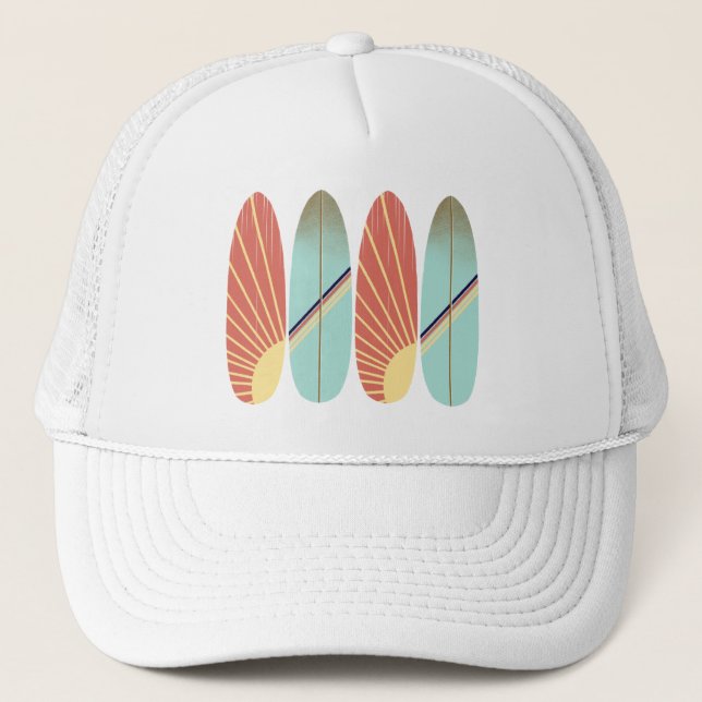 Cool retro red and blue surfboard  trucker hat (Front)