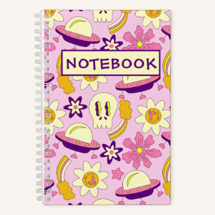 Cool Retro Skull, Flowers and UFO Notebook