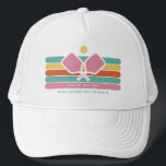 Cool Retro Stripes Custom Text Pickleball Player Trucker Hat<br><div class="desc">Super cool pickleball hat featuring colourful retro stripes, pickleball paddles and ball. Add 2 lines of custom text - custom saying, club name, monogram, player name, etc. Makes a perfect pickleball gift for pickleball partner, coach, mum, grandma, etc. - also great hats for your club. (easily change the colours of...</div>