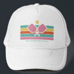 Cool Retro Stripes Custom Text Pickleball Player Trucker Hat<br><div class="desc">Super cool pickleball hat featuring colourful retro stripes, pickleball paddles and ball. Add 2 lines of custom text - custom saying, club name, monogram, player name, etc. Makes a perfect pickleball gift for pickleball partner, coach, mum, grandma, etc. - also great hats for your club. (easily change the colours of...</div>