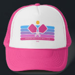 Cool Retro Stripes Custom Text Pickleball Player Trucker Hat<br><div class="desc">Super cool pickleball hat featuring colourful retro stripes, pickleball paddles and ball. Add 2 lines of custom text - custom saying, club name, monogram, player name, etc. Makes a perfect pickleball gift for pickleball partner, coach, mum, grandma, etc. - also great hats for your club. (easily change the colours of...</div>