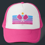 Cool Retro Stripes Custom Text Pickleball Player Trucker Hat<br><div class="desc">Super cool pickleball hat featuring colourful retro stripes, pickleball paddles and ball. Add 2 lines of custom text - custom saying, club name, monogram, player name, etc. Makes a perfect pickleball gift for pickleball partner, coach, mum, grandma, etc. - also great hats for your club. (easily change the colours of...</div>
