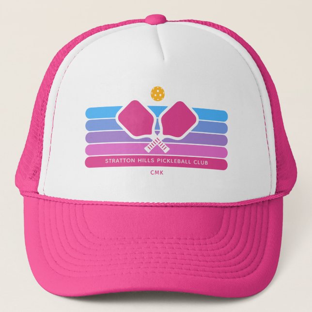 Cool Retro Stripes Custom Text Pickleball Player Trucker Hat (Front)