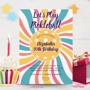 Cool Retro Sunburst Stripes Pickleball Party Invitation
