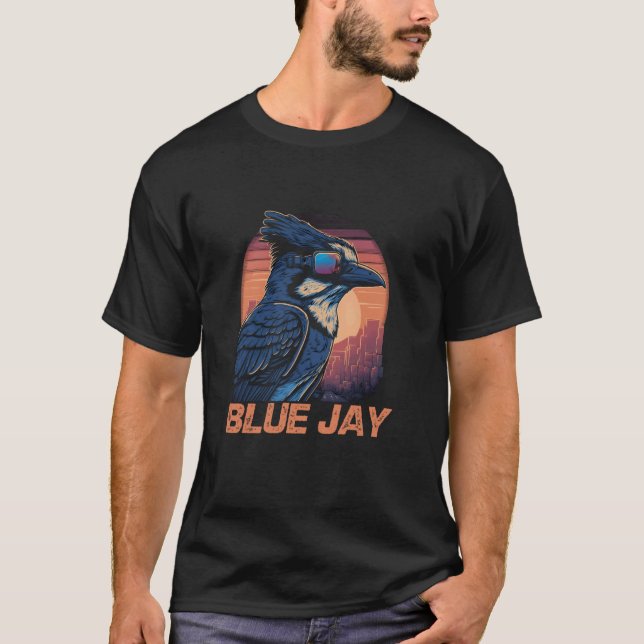 Cool Retro Sunset Sunglasses Blue Jay T-Shirt (Front)