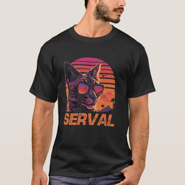Cool Retro Sunset Sunglasses Serval Cat T-Shirt (Front)