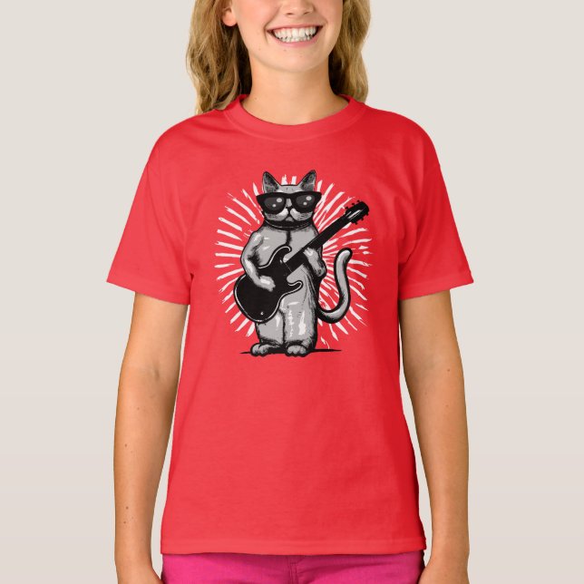 Cool Rock And Roll Cat Playing electric Guitar T-Shirt (Front)