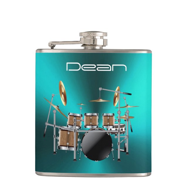 Cool Rock Drum Set On Metallic Blue Music Flask (Front)