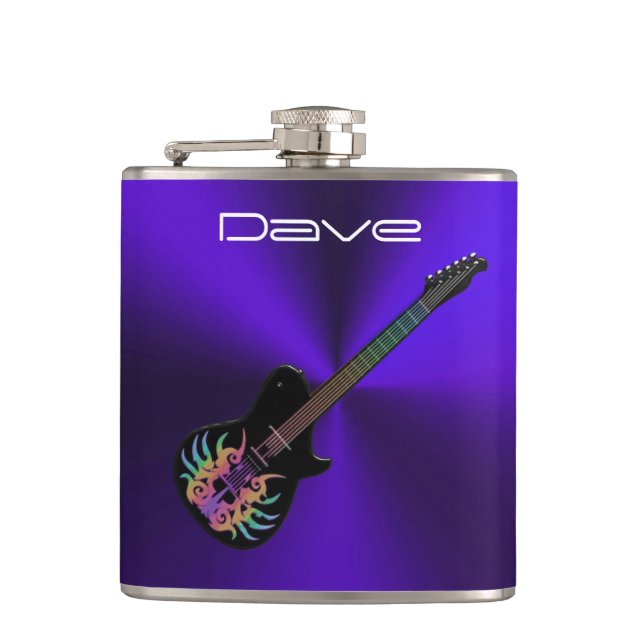 Cool Rock Guitar On Purple Metal Music Flask (Front)