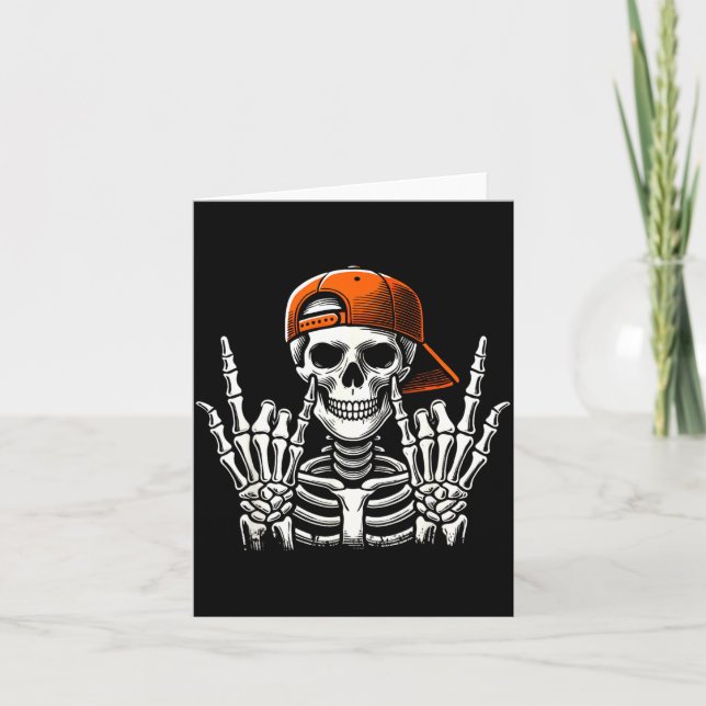 Cool Rock Skeleton Backwards Hat Halloween Spooky Card (Front)